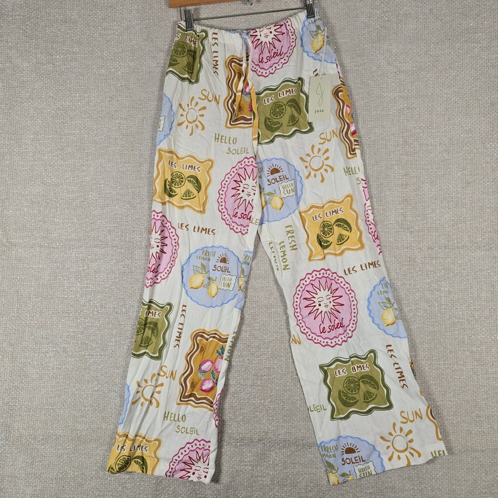 Joie Womens Linen Blend Wide Leg Pants White Citrus Sun Print Size 4 NEW